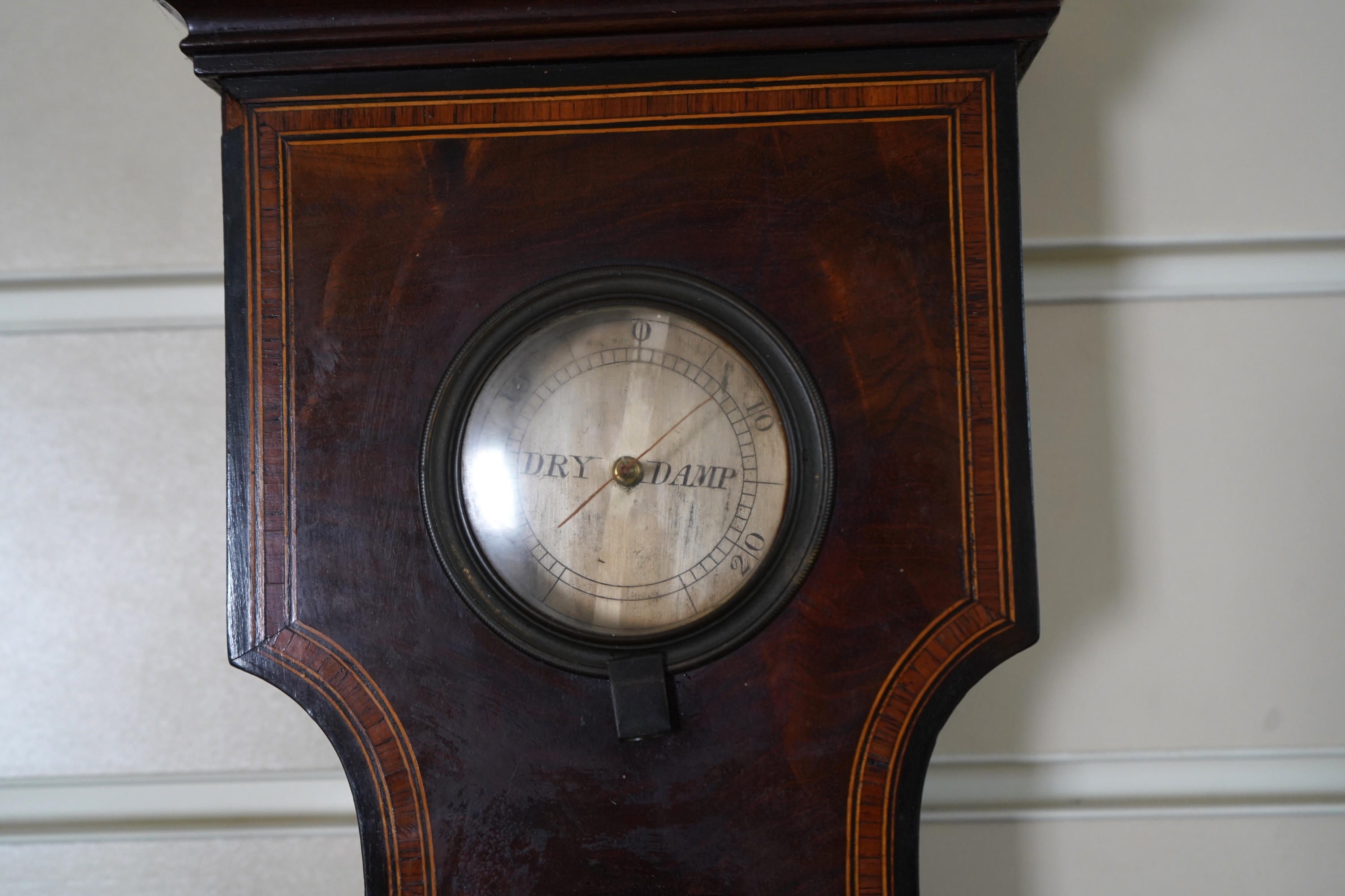 A large mid 19th century tulipwood banded mahogany wheel barometer, by C. Rimondi, Halifax